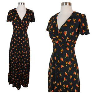 Vintage 70s KELLY ARDEN Women's Autumn Leaves Maxi Dress Size 7